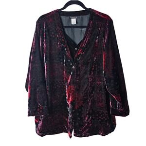 VTG Espresso 18W 20W Velvet Velour‎ Top Blouse Button Up Faux Cardigan Black Red
